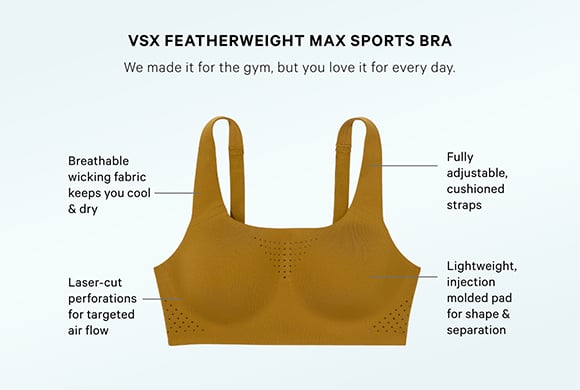 VSX Featherweight Max Sports Bra. We made it for the gym, but you love it for every day. Breathable wicking fabric keeps you cool and dry. Laser cut perforations for targeted air flow. Fully adjustable, cushioned straps. Lightweight, injection molded pad for shape and separation.