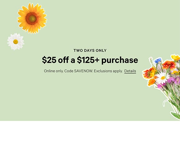 Two Days Only. $25 Off a $125+ Purchase. Online only. Code SAVENOW. Exclusions apply. Details.