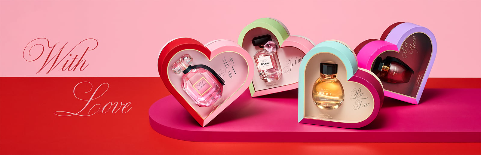 With Love Limited-edition, heart-shaped gifts featuring Bombshell, Tease, Very Sexy, and Bare.