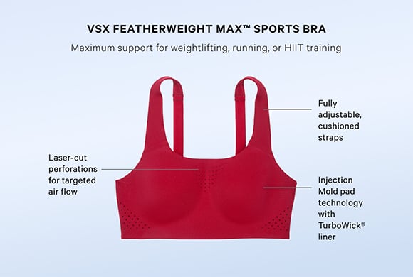 VSX Featherweight Max Sports Bra. Maximum support for weightlifting, running, or HIIT training. Laser-cut perforations for targeted air flow. Fully adjustable, cushioned straps. Injection mold pad technology with turbowick liner.