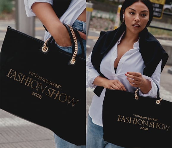 Model holding the Victorias Secret Fashion Show 2025 branded tote.