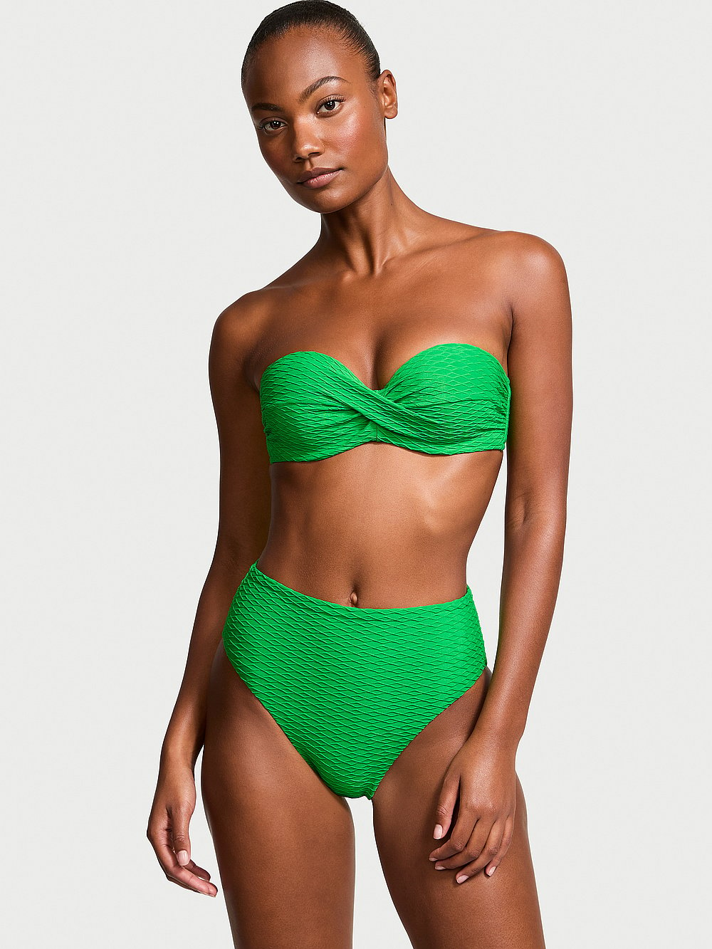 Victoria's Secret, Victoria's Secret Swim Mix & Match Twist Push-Up Bandeau Top, Island Jade, onModelFront, 1 of 3 Ange-Marie is 5'10" and wears 34B or Small