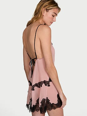Chiffon Rose Lace-Trim Mini Slip Dress