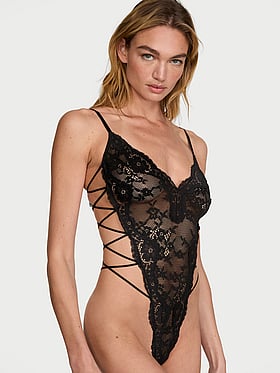 Lace Strappy Triangle Crotchless Teddy
