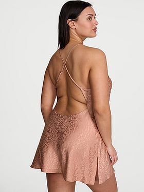 Leopard Jacquard Satin Open-Back Slip Dress