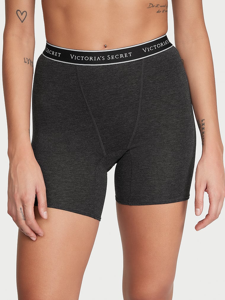 Victoria's Secret, Cotton Logo Cotton High-Waist Boxer Brief, Charcoal Heather Grey, onModelFront, 1 of 3 Dalianah is 5'11" or 180cm and wears Small