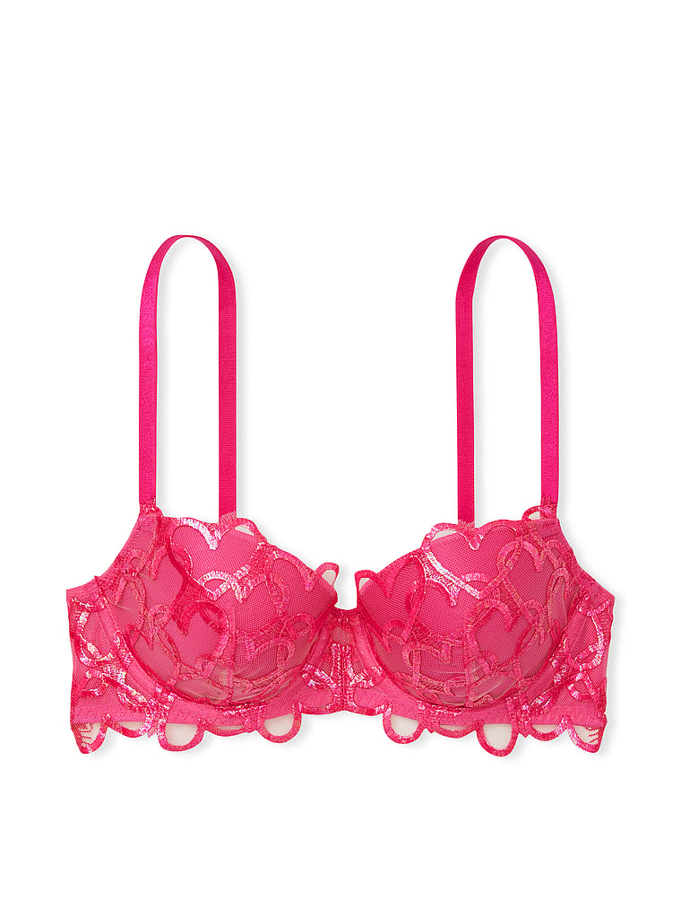 Victoria’s Secret Bra 34D PINK Push Up Demi Underwire Padded Deep Pink Lace