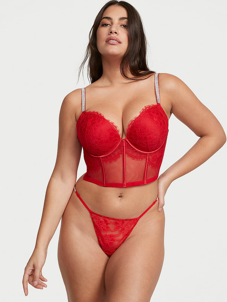 Victoria's Secret Very Sexy shine strap bra set Rhinestones red lace thong  panty