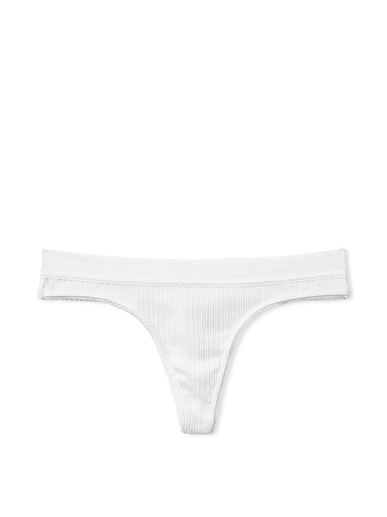 Victoria's Secret, Cotton Logo Cotton Lace-Waist Thong Panty, Vs White, offModelFront, 3 of 3