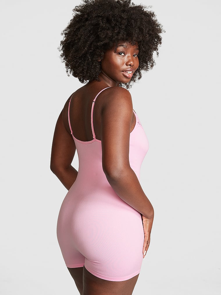 PINK Wink Seamless Rib Lace-Trim Romper, Pink, onModelBack, 2 of 3 Fanta is 5'11" or 180cm and wears L/Long