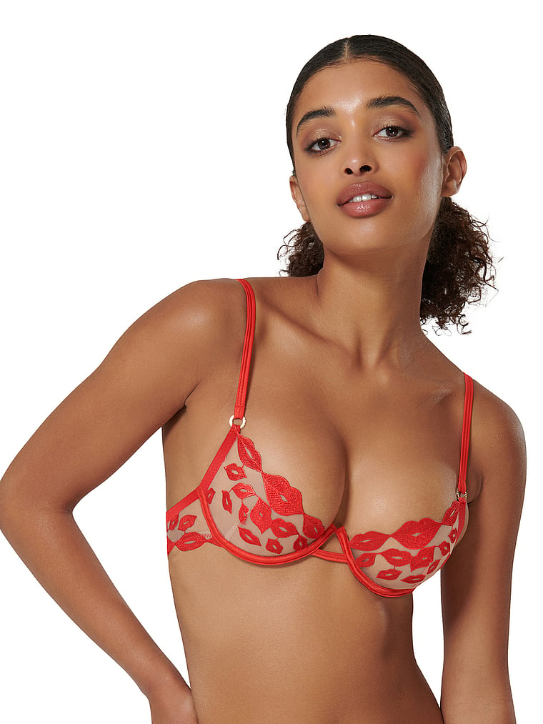 Women's Sexy Red Lips and Kiss Pattern Push-up Underwire Bra Set