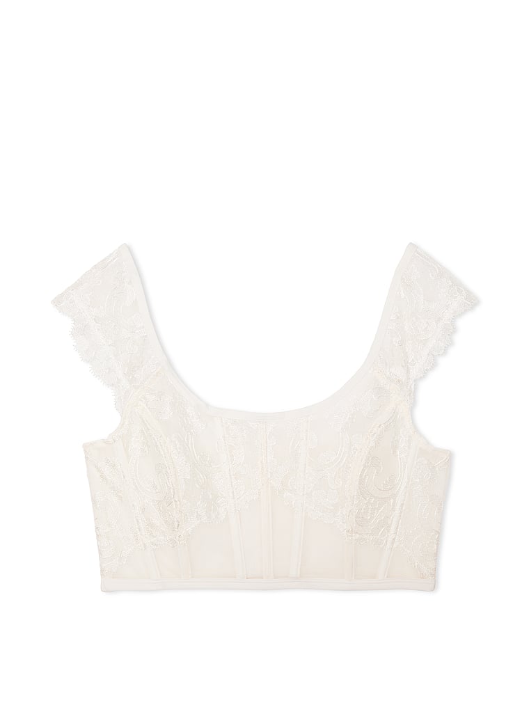 Victoria's Secret, Dream Angels Boho Floral Embroidery Cap-Sleeve Corset Top, Coconut White, offModelFront, 4 of 4