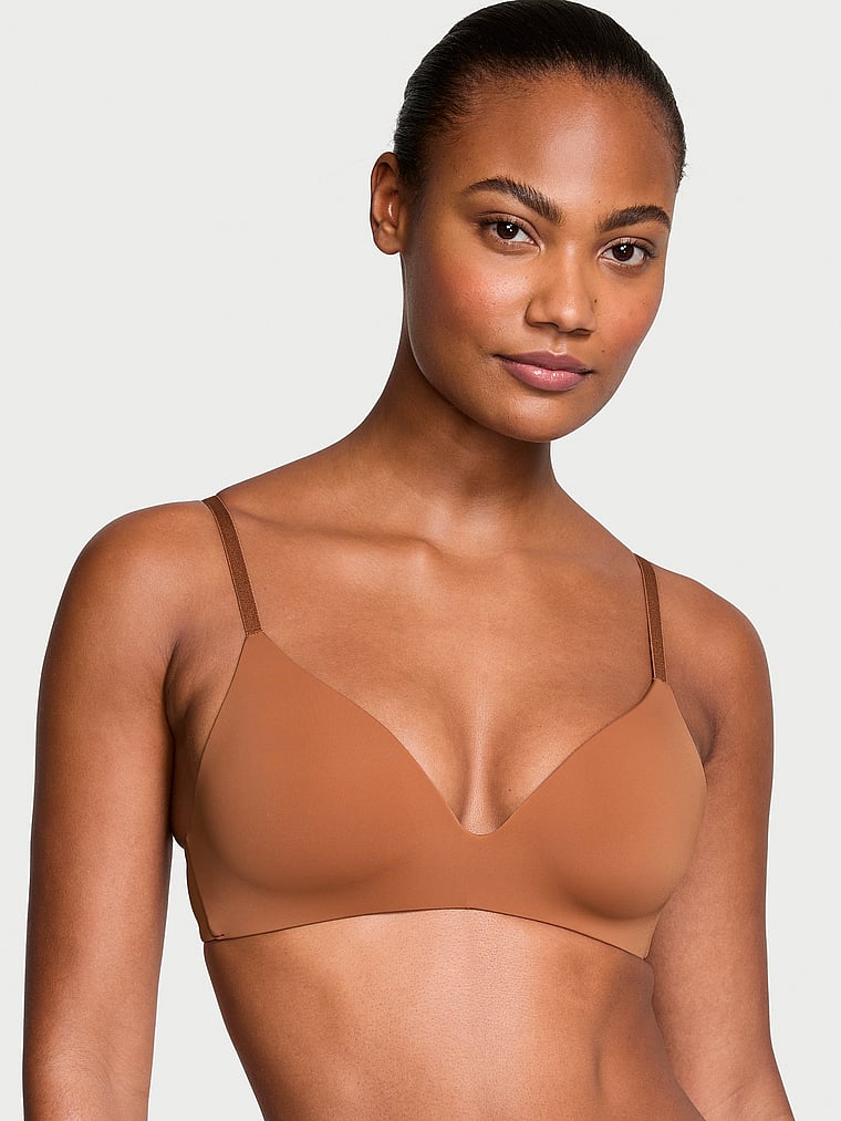 Victoria's Secret, The T-shirt Lightly-Lined Wireless Bra, Caramel, onModelFront, 1 of 3 Ange-Marie is 5'10" and wears 34B or Small