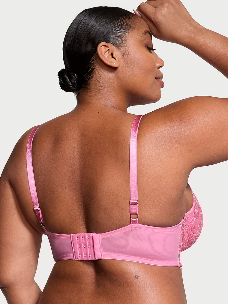 Victoria's Secret, Dream Angels Boho Floral Embroidery Lightly Lined Demi Bra, Tickled Pink, onModelBack, 4 of 4 Brianna is 5'10" or 178cm and wears 38DD (E) or Extra Large