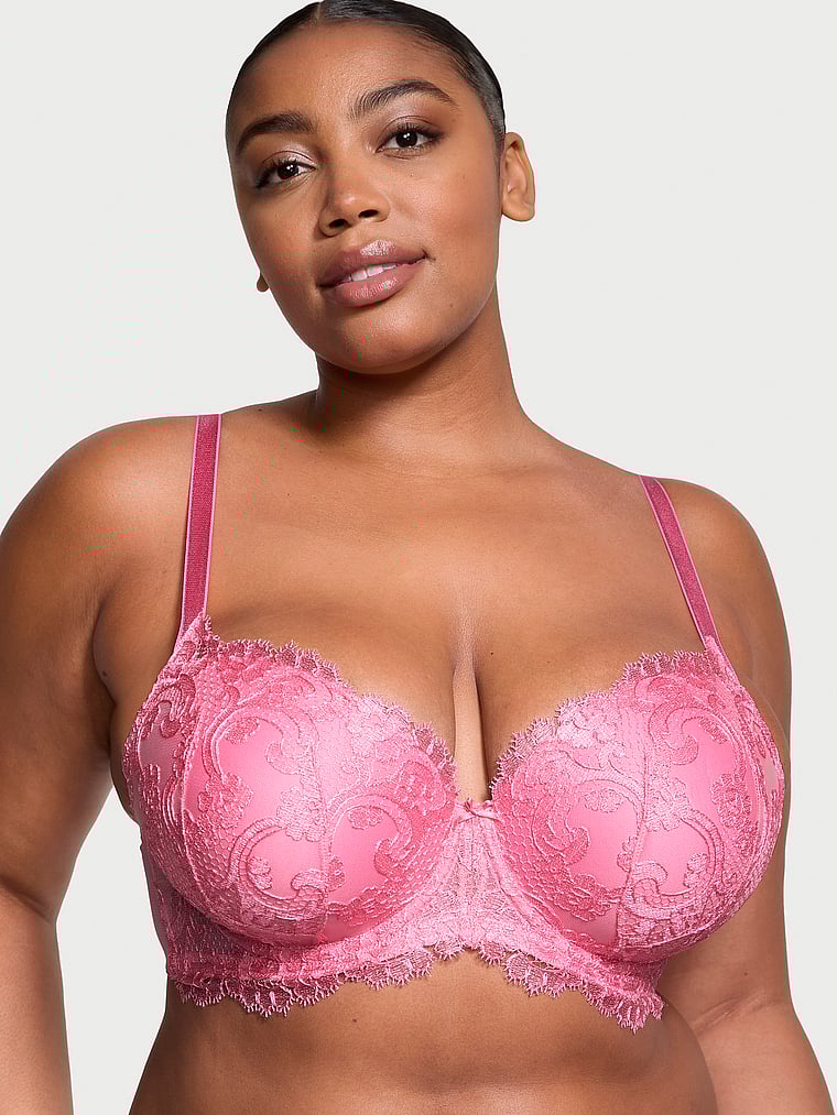 Victoria's Secret, Dream Angels Boho Floral Embroidery Lightly Lined Demi Bra, Tickled Pink, onModelFront, 3 of 4 Brianna is 5'10" or 178cm and wears 38DD (E) or Extra Large