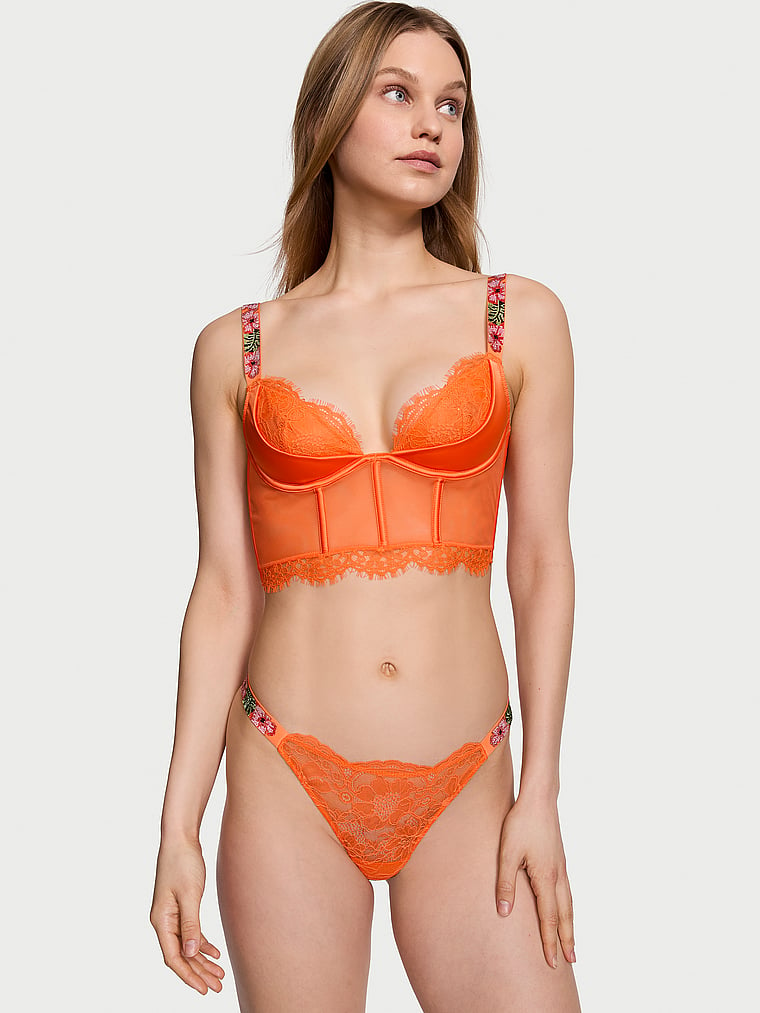 Victoria's Secret, Very Sexy Shine Strap Lace Quarter-Cup Corset Top, Sunny Orange, onModelSide, 2 of 5 Lotta is 5'10" and wears 34B or Small