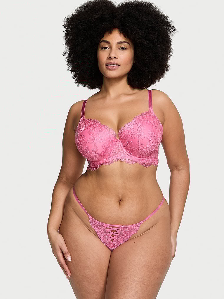 Victoria's Secret, Dream Angels Boho Floral Embroidery Lightly Lined Demi Bra, Tickled Pink, onModelSide, 1 of 4 Shadia is 5'11" or 180cm and wears 38DD (E) or Extra Extra Large