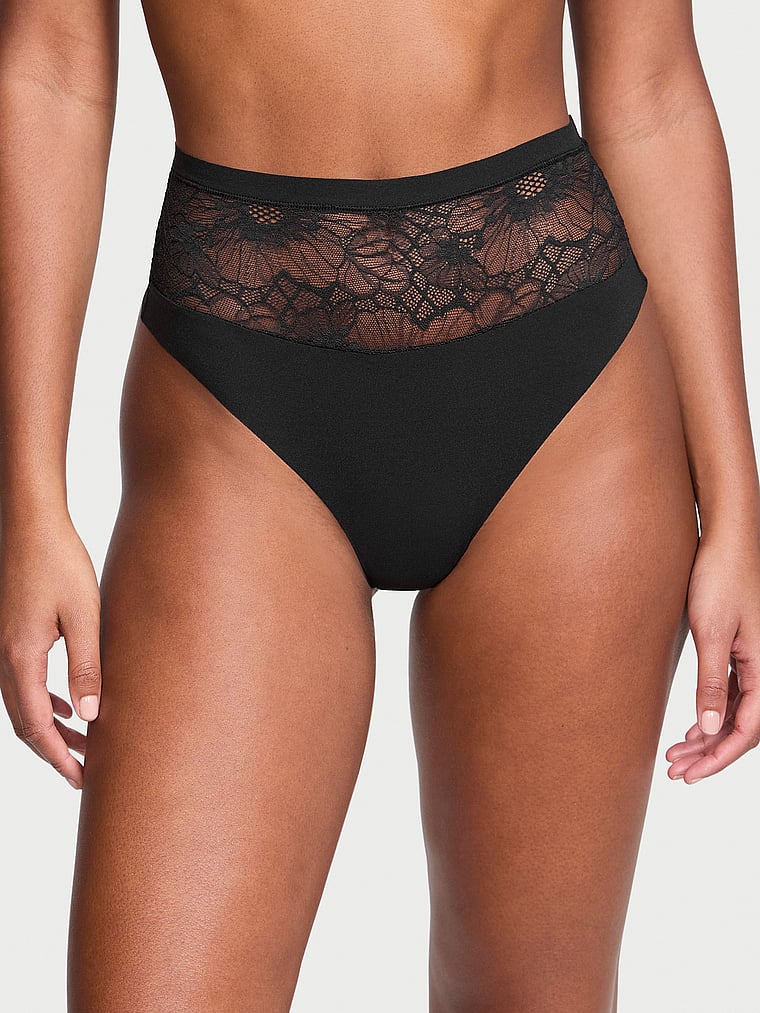 Victoria's Secret, No-Show No-Show Lace High-Waist Thong Panty, Black, onModelFront, 1 of 3 Ange-Marie is 5'10" and wears Small