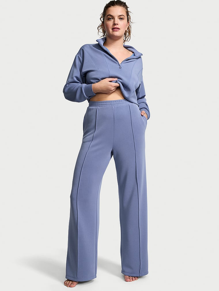 Victoria's Secret, VSX New Style! VSX Featherweight Knit Wide-Leg Pant, Velvet Morning Blue, onModelFront, 1 of 4 Abbey is 5'10" and wears Medium