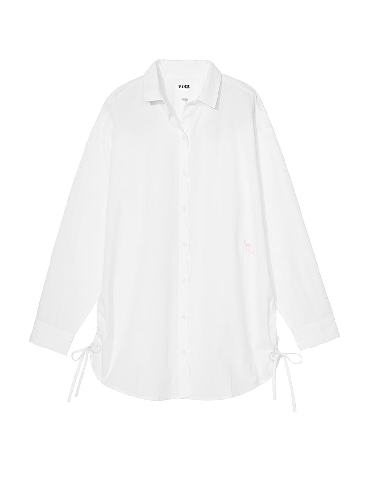 PINK Cotton Poplin Cover-Up Shirt, Optic White, offModelFront, 3 of 3