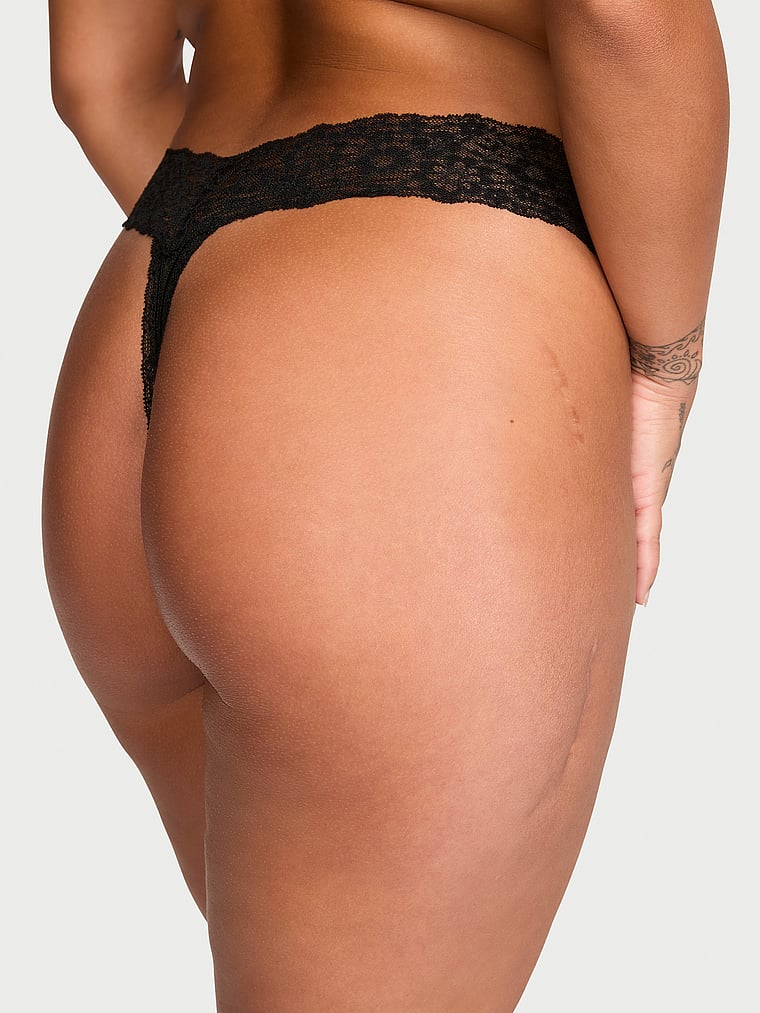 Victoria's Secret, The Lacie Lace-Up Lace Thong Panty, Black, onModelBack, 2 of 3 Sofia  is 5'8" and wears Large