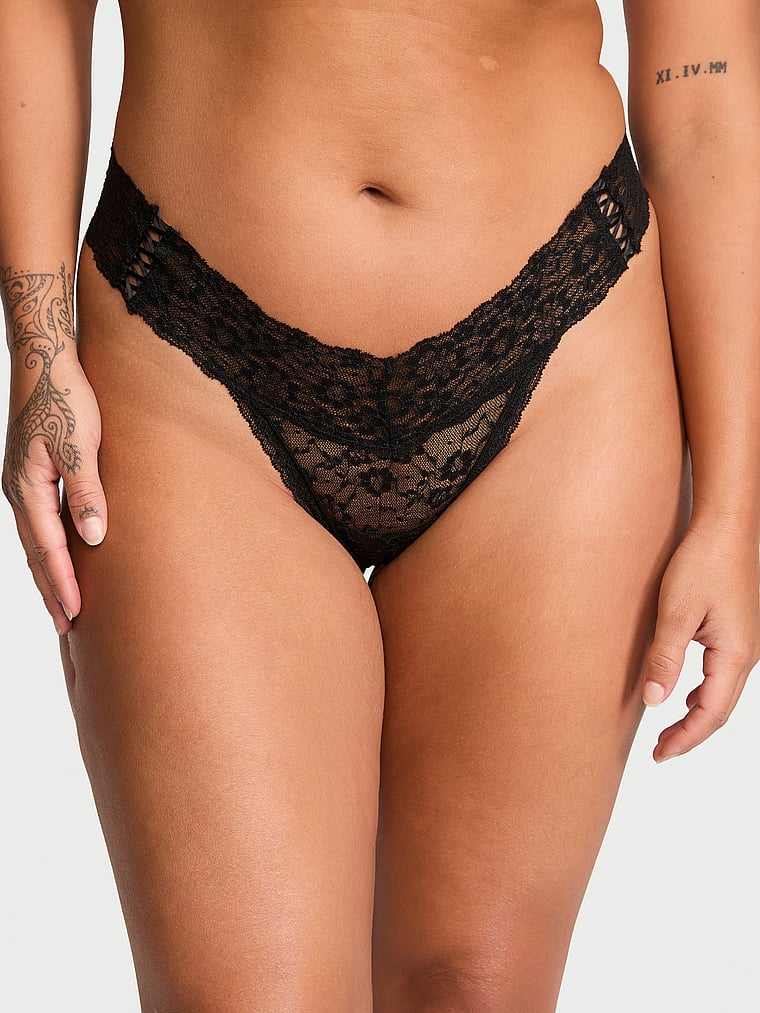 Victoria's Secret, The Lacie Lace-Up Lace Thong Panty, Black, onModelFront, 1 of 3 Sofia  is 5'8" and wears Large