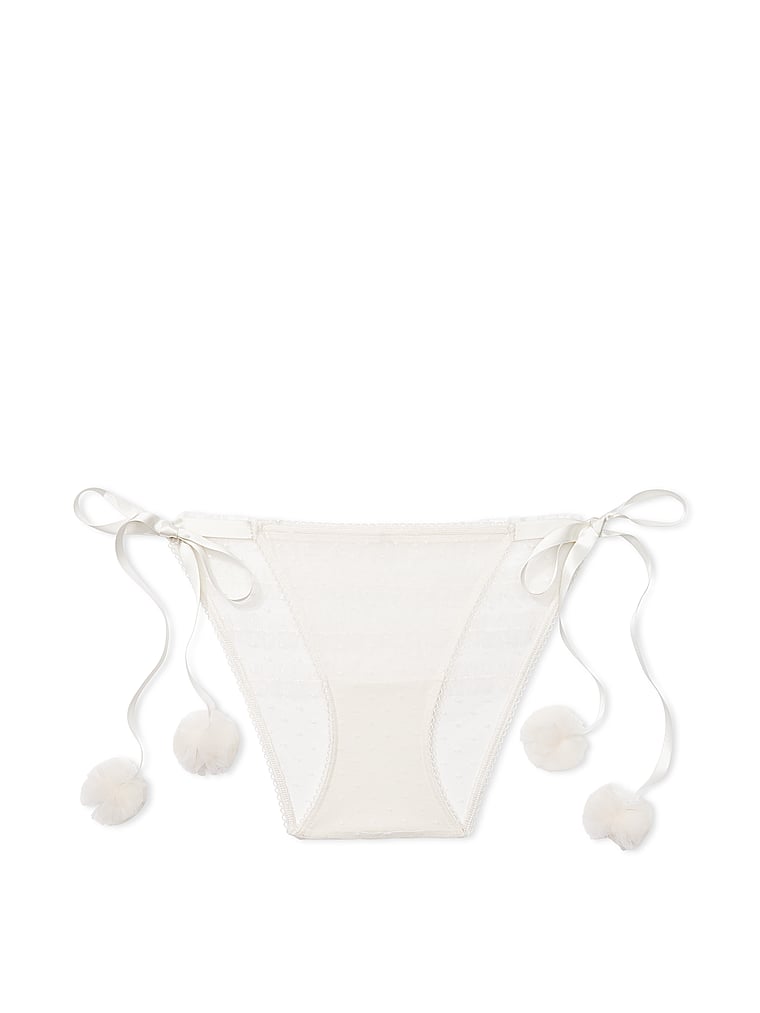 Victoria's Secret, Dream Angels Bridal Tulle Ruffle Pom-Pom String Bikini Panty, Coconut White, offModelFront, 3 of 4