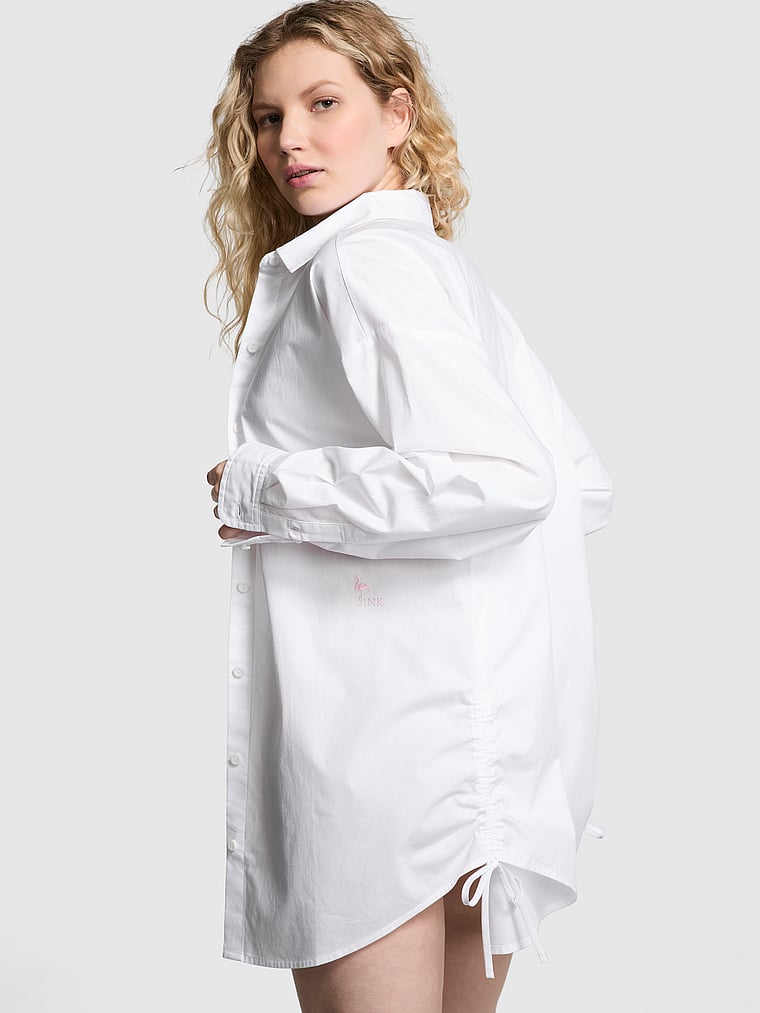 PINK Cotton Poplin Cover-Up Shirt, Optic White, onModelBack, 2 of 3