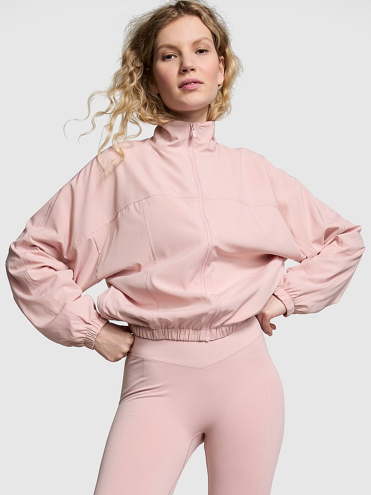 PINK Tech Stretch Full-Zip Jacket, Wanna Be Pink, onModelFront, 1 of 4 Anabel is 5'8" and wears Small