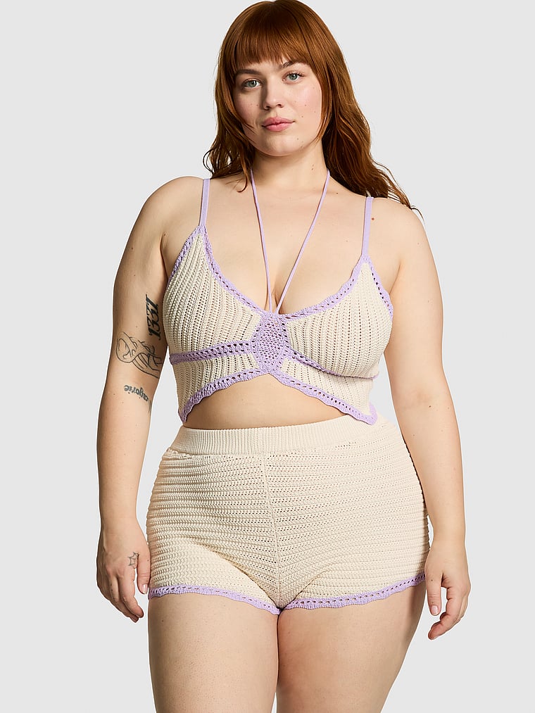 PINK Crochet Butterfly Top and Shorts Set, Creamer/ Lilac, onModelFront, 1 of 3 Lulu is 5'7" or 170cm and wears Large