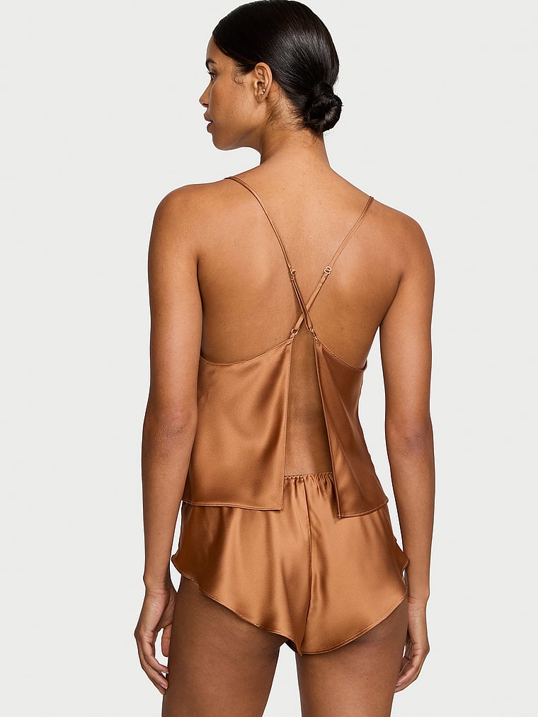 Victoria's Secret, Victoria's Secret Satin Open-Back Cami & Shorts Set, Caramel, onModelBack, 2 of 3 Daiane is 5'11" and wears Small