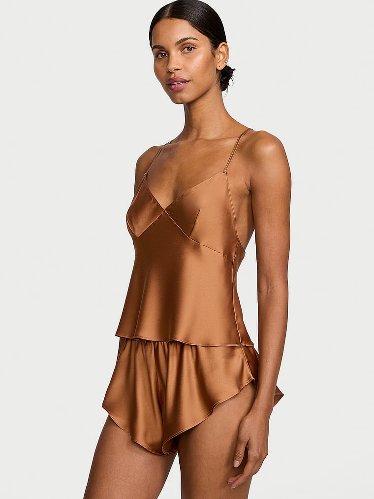 Victoria's Secret, Victoria's Secret Satin Open-Back Cami & Shorts Set, Caramel, onModelFront, 1 of 3 Daiane is 5'11" and wears Small