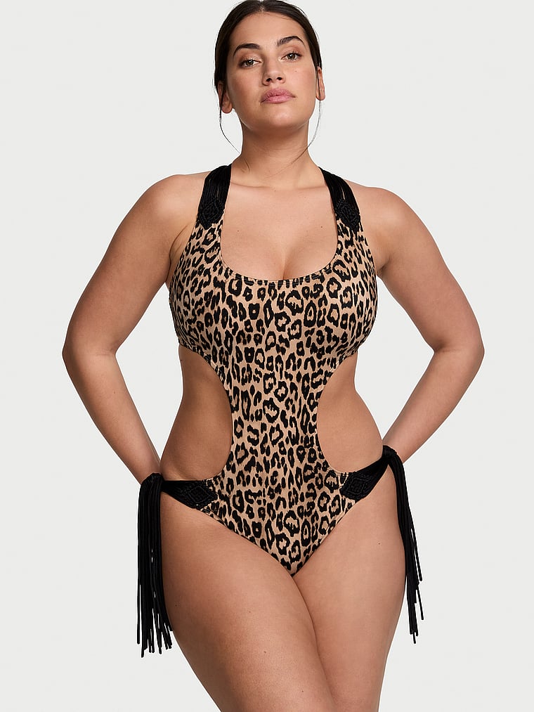 Victoria's Secret, Victoria's Secret Swim VS Archives Swim Macrame Fringe Monokini One-Piece Swimsuit, Leopard, onModelFront, 1 of 4 Lorena is 5'9" and wears Large