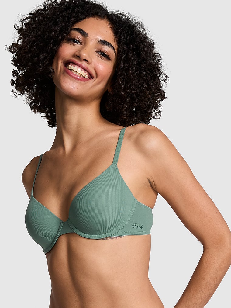 PINK Wear Everywhere Wear Everywhere Lightly Lined T-Shirt Bra, Fresh Forest, onModelFront, 1 of 5 Vanessa is 5'10" and wears 32B or Small