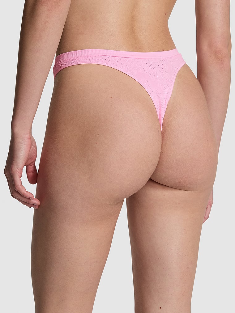 PINK Seamless Thong Panty, Pink Bubble Daisy, onModelBack, 2 of 3 Ruby is 5'6" and wears Small