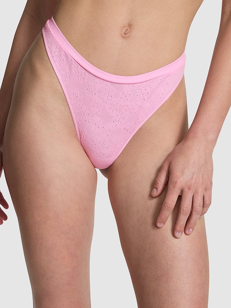 PINK Seamless Thong Panty, Pink Bubble Daisy, onModelFront, 1 of 3 Ruby is 5'6" and wears Small