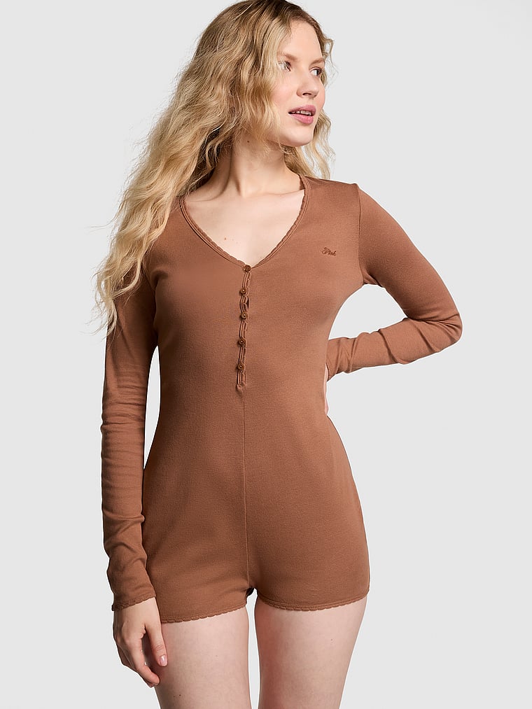 Spill-the-Tea Cotton Henley Romper