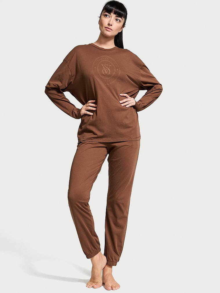 Victoria's Secret, Victoria's Secret 100% Cotton Long Pajama Set, Mousse, onModelFront, 1 of 4 Rebecca is 5'9" and wears S/Regular