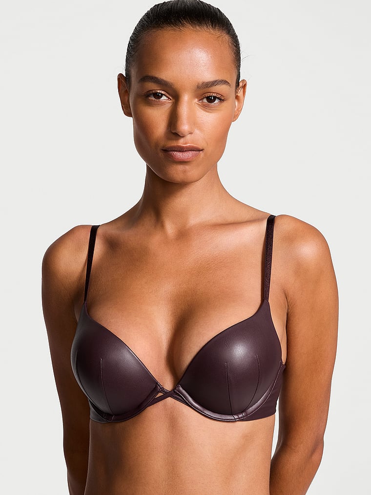 Victoria's Secret, Very Sexy Bombshell Add-2-Cups Faux Leather Push-Up Bra, Burgundy Brown, onModelFront, 1 of 5 Nikita  is 5'10" and wears 34B or Small