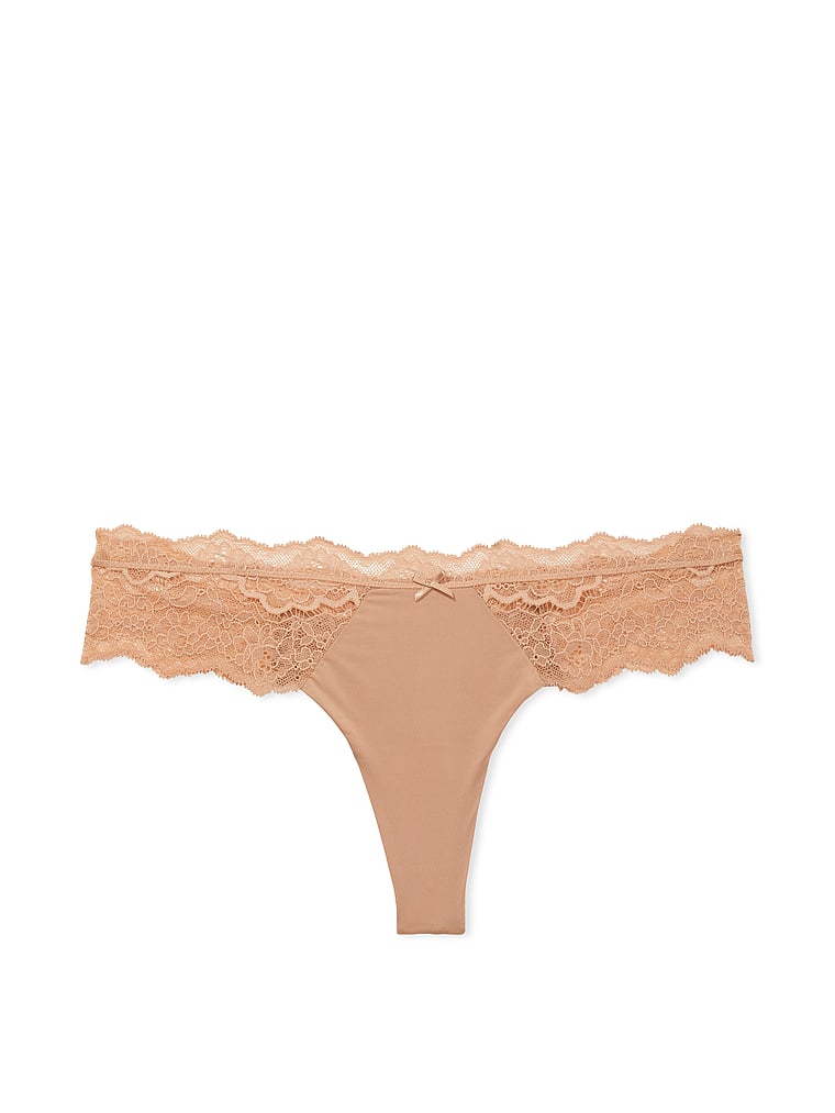 Victoria's Secret, Dream Angels Lace Trim Thong Panty, Praline, offModelFront, 3 of 3