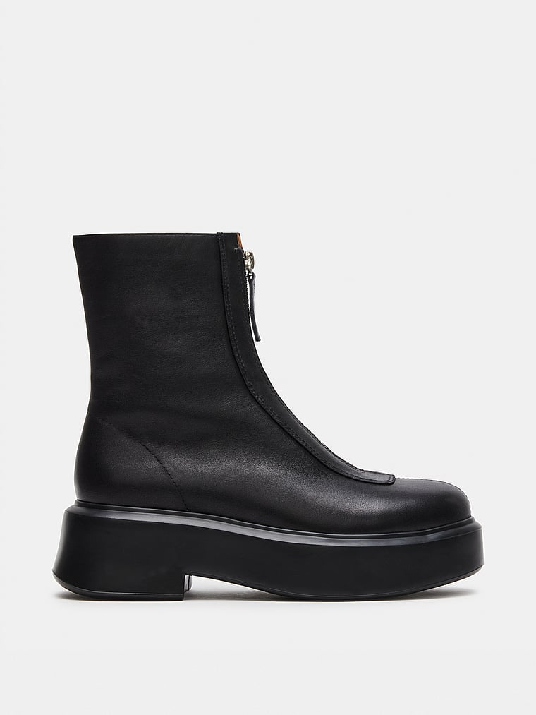 Jones Black Leather Zipper Lug Ankle Booties