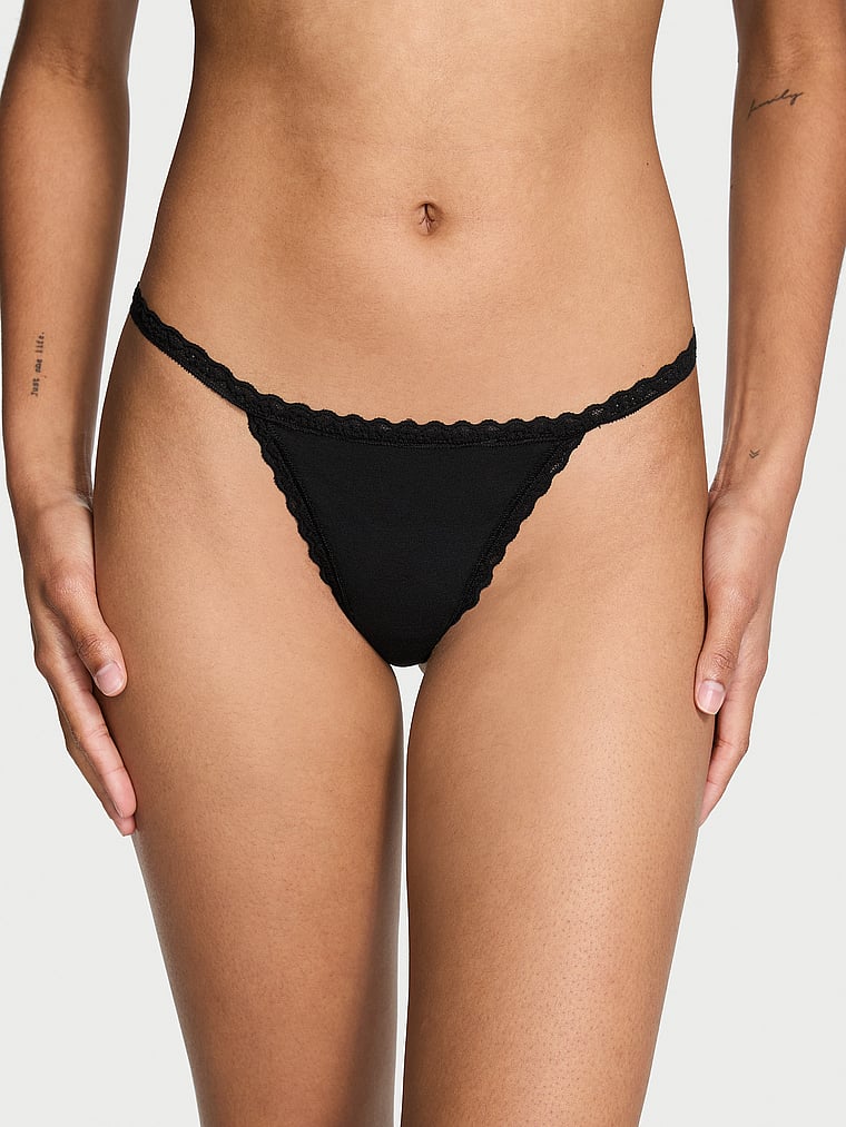 Lace-Trim Cotton V-String Panty