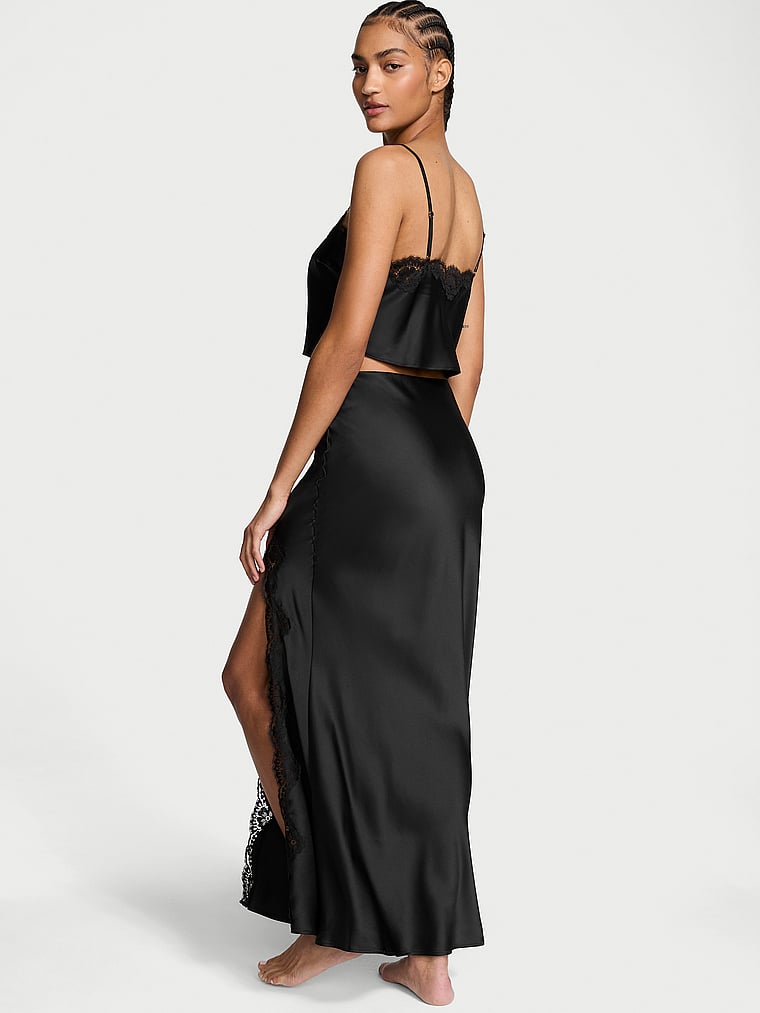 Satin Lace-Trim Cropped Top & Slip Skirt Set