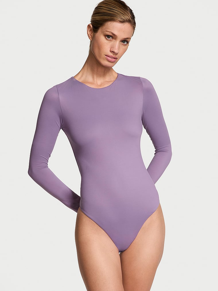 Victoria's Secret, Victoria's Secret Bodywear by Victoria with FeatherSoft™ Innovation Long-Sleeve Bodysuit, Frozen Plum, onModelFront, 1 of 3 Maggie is 5'7" and wears Small