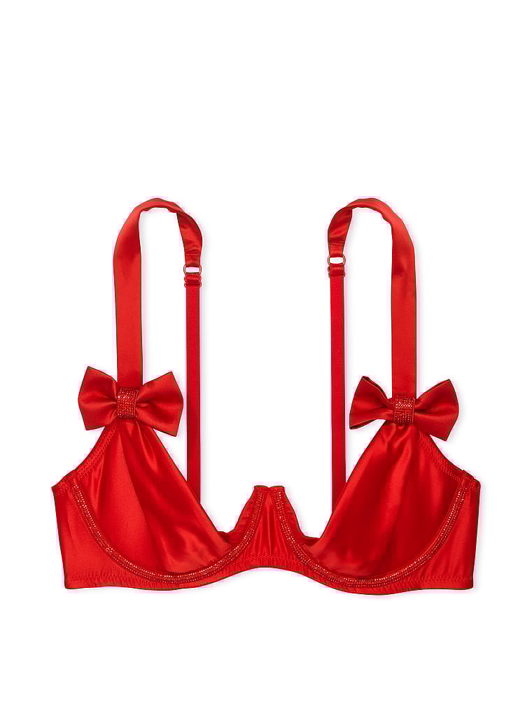 Victoria's Secret, Dream Angels Wicked Tied-with-a-Bow Embroidery Unlined Balconette Bra, Bright Vermillion, offModelFront, 3 of 5