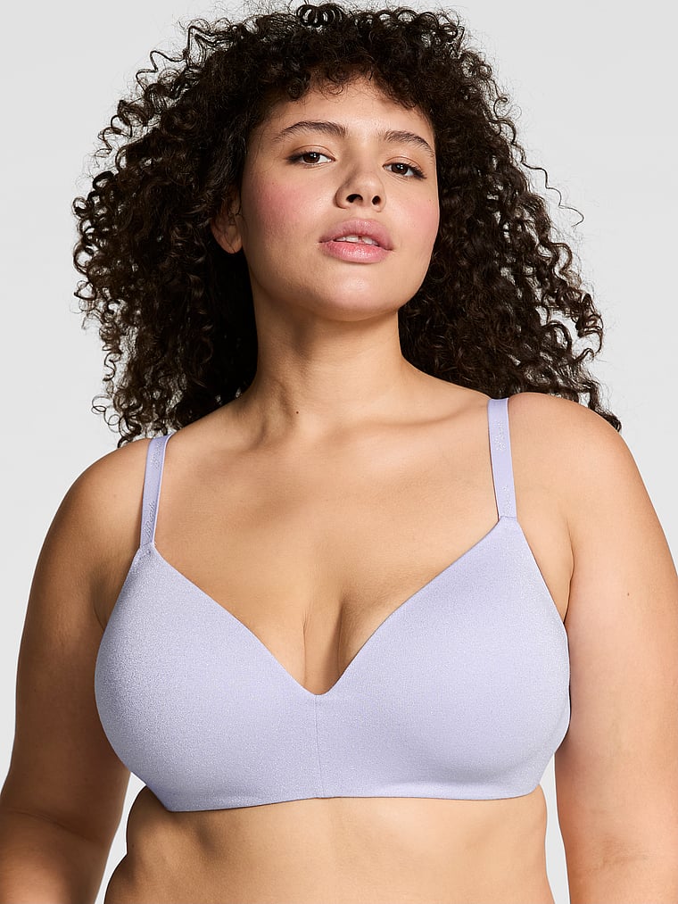 PINK Wear Everywhere Wear Everywhere Lightly Lined Wireless Bra, Purple Cloud, onModelFront, 3 of 4 Diana is 5'8" and wears 38DD (E) or Extra Extra Large