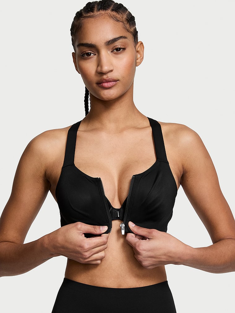Victoria's Secret, VSX VSX Knockout™ Front-Close Sports Bra, Black, onModelFront, 1 of 4