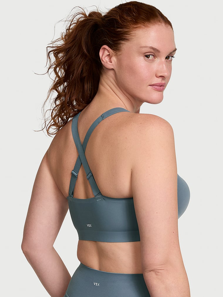 Victoria's Secret, VSX VSX Knockout™ Front-Close Sports Bra, Dark Steel, onModelBack, 5 of 5 Katy is 5'11" and wears 36D or Large