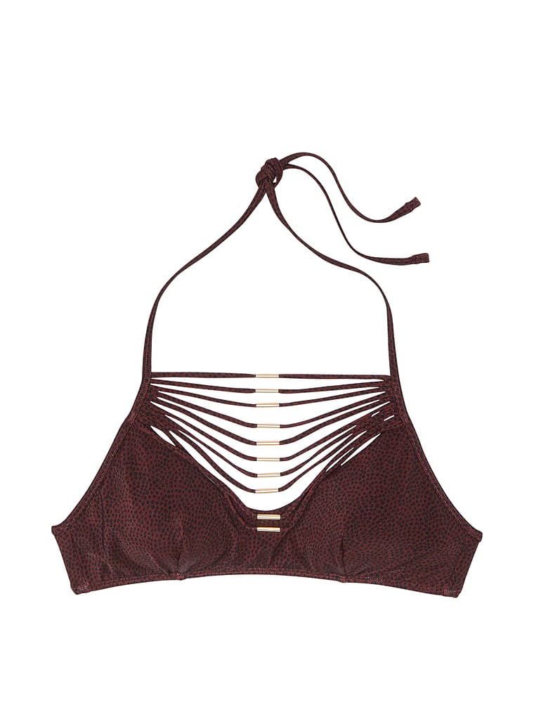 Victoria's Secret, Victoria's Secret Swim VS Archives Strappy Hardware Halter Bikini Top, Burgundy Dots, offModelFront, 3 of 4