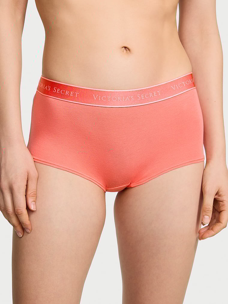 Victoria's Secret, Cotton Logo Cotton Boyshort Panty, Coral Ribbon, onModelFront, 1 of 3 Lotta is 5'10" or 178cm and wears Small